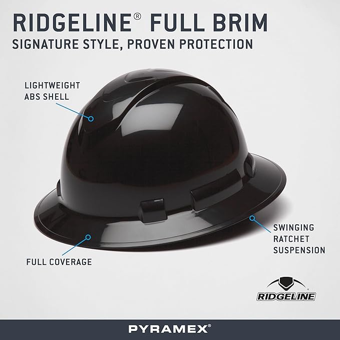 Pyramex Ridgeline Full Brim Hard Hat 4 Point Ratchet Black