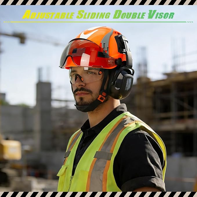 Hard Hat with Dual Visor and Hearing Protection-OSHA Approved Construction Hard Hats with Visor Sunglasses Earmuffs for Men,Vented Forestry Chainsaw Arborist Helmet with Chin Straps