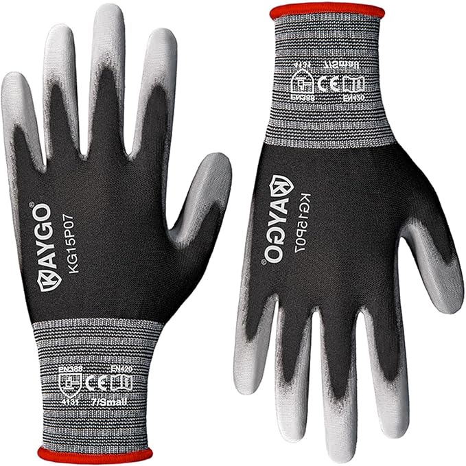 KAYGO Work Gloves PU Coated 12 Pairs, KG15P,Nylon Liner with Flexible Polyurethane Coating,Safety Work Gloves for DIY, Assembly, Warehouse, Light Duty Work (Small, Black)