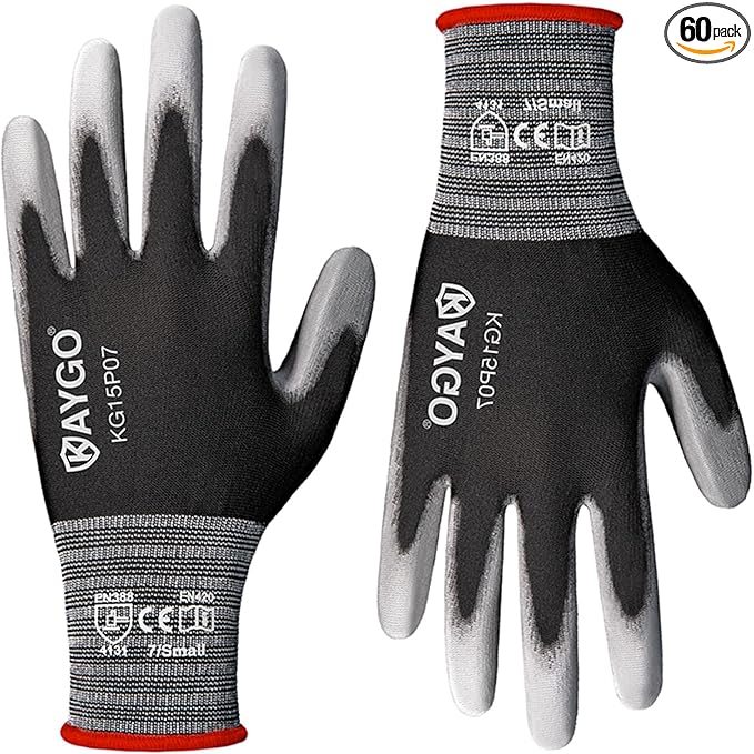 KAYGO Work Gloves PU Coated 60 Pairs, KG15P Nylon Liner with Flexible Polyurethane Coating,Safety Work Gloves for DIY, Assembly, Warehouse, Light Duty Work (Small, Black)