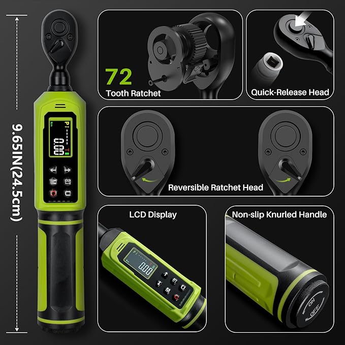 Digital Torque Wrench 1/4" Drive-4-266In.Lb/0.45-30N.m, Electric Torque Wrench With Vibration Buzzer LED Indicator,±2% Accuracy Five Units for Bike Motorcycle Car Auto Repair,DIY,Green Black