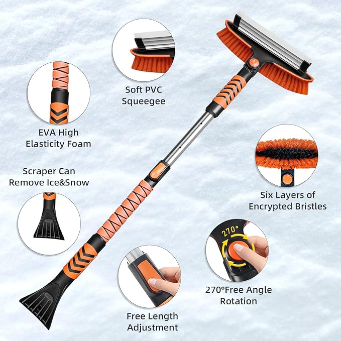 34'' to 41'' Extendable Snow Brush, Ice Scraper for Car Windshield, Emergency Snow Shovel Snow Broom with Foam Grip 180° Pivoting Brush Head, Telescoping Snow Scraper for Car SUV Truck, Orange