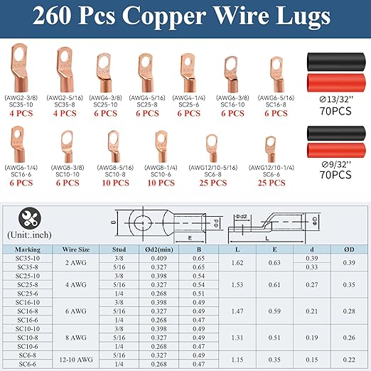 Copper Wire Lugs 260Pcs, AWG 2 4 6 8 10 12 Gauge Battery Cable Ends with 120Pcs Heat Shrink Tubing Set, 140Pcs Ring Terminals Connectors Assortment Kit for Marine, Automotive, Cables, Appliances