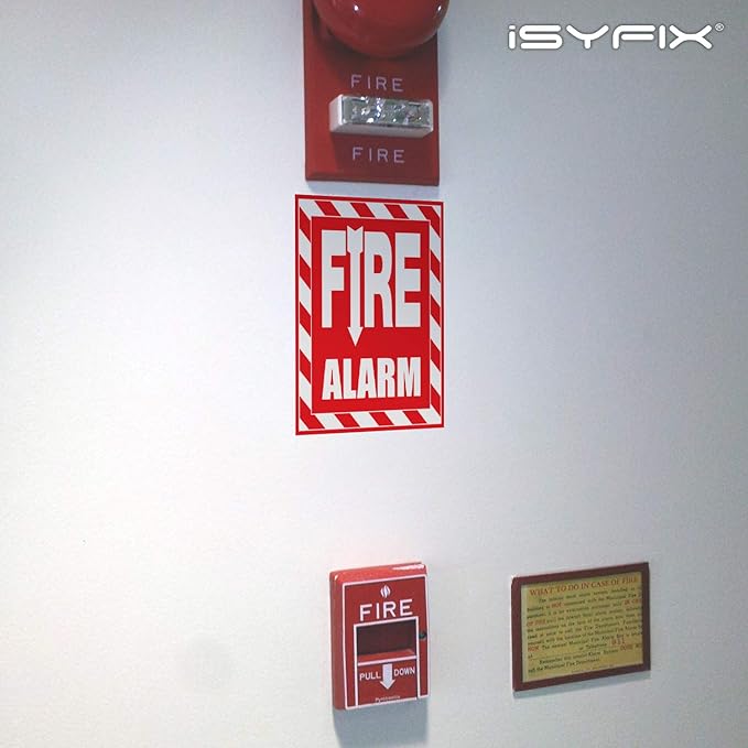 iSYFIX Fire Alarm Sticker Signs Stickers - 4 Pack 6x7 Inch - Premium Self-Adhesive Vinyl, Laminated for Ultimate UV, Weather, Scratch, Water and Fade Resistance, Indoor and Outdoor Red