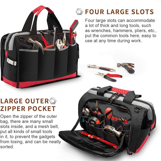 Tool Bag, Waterproof Tool Bags for Men or Women, 16-inch Wide Mouth Tool Bag Organizer with 25 Pockets for Tool Storage Bag, with Adjustable Shoulder Strap (Black/Red)