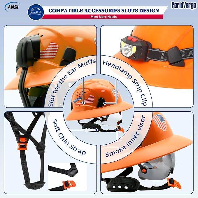 Full Brim Hard Hats Construction OSHA Approved with Visor-Vented Hard Hat with Neck Gaiter with Ear Loops,Safety Hard Hats for Men with Chin Strap ANSI Z89.1 Type 1 Class C,6-pt Suspension