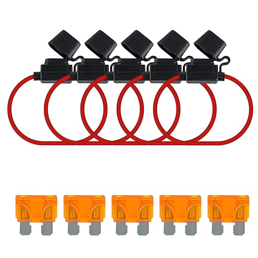 MuHize Fuse Holder - Upgraded 5 Pack 14AWG Standard Inline Waterproof Fuse Holders with 5A ATC/ATO Blade Fuses for Automotive RV, Quick Connect, No Splicing Needed