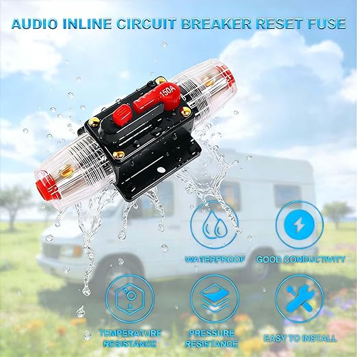 150 Amp Circuit Breaker 12V DC, 2-Pack Resettable Inline Fuse Holder Replacement with Manual Reset for Car Audio Amplifier, Marine Boat Trolling Motor, Auto Sound System Protection 150A Breaker