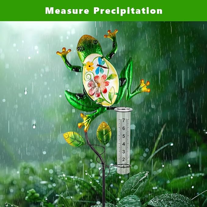 Solar Rain Gauge Outdoor, Frog Rain Gauge, 7 Inch Tube Decorative Rain Measure Gauge with Metal Stake, Solar Powered Stained Glass Rain Measure Tool for Garden