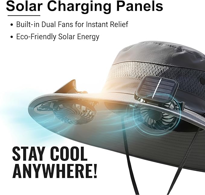 Hat with Fans Solar Power, 2-in-1 UPF 50+ Wide Brim Sun Hat, Fishing Essentials for Camping Hiking Beach Summer Safari