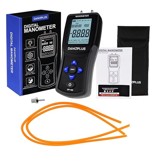 Manometer Digital Manometer Gas Pressure Tester Professional 12 Selectable Units Differential Manometer Gauge HVAC Air Pressure Meter with Large LCD Display Backlight, Data Record Funtion