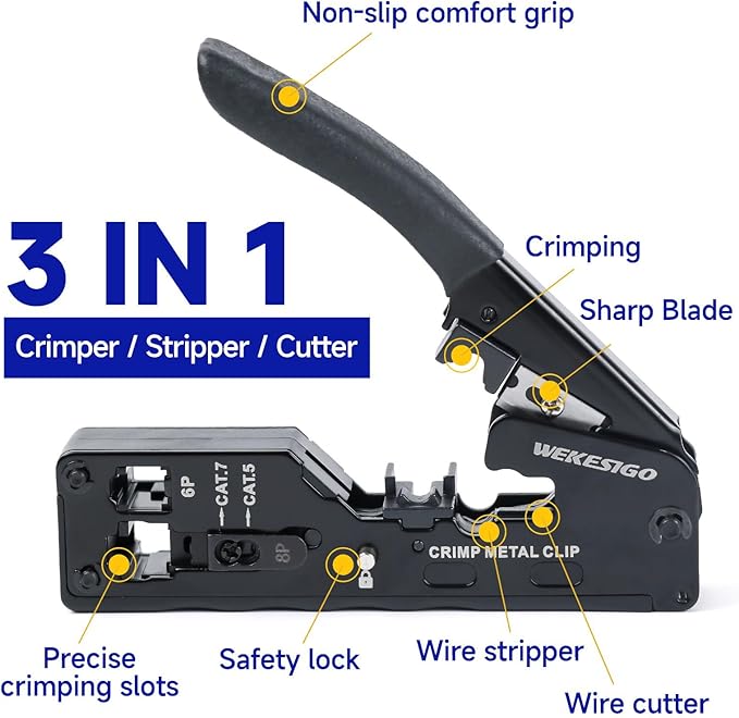 Network Crimper, Network Cable Stripper Cutter RJ45 Crimping Tool Ethernet Wire Cutter Crimper Crimping pliers for RJ11 RJ12 RJ45 6P6C/4C,8P8C Cat7 Cat6A Cat6 Cat5E Cat5 Modular Plugs Connectors