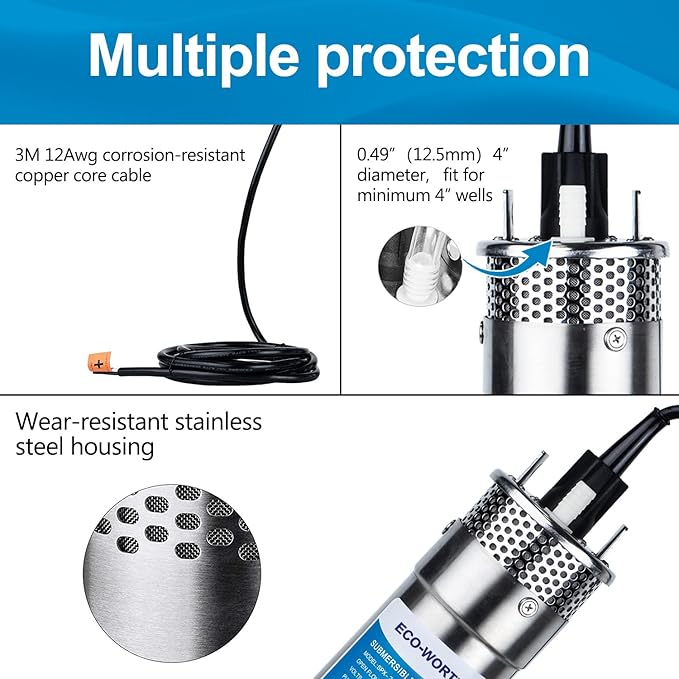 ECO-WORTHY 12V DC Submersible Deep Well Pump, MAX Flow 3.2GPM, Max Head 230ft, Water Pump Powered by Solar or Battery for Well, Livestock Drinking or Tank Filling…