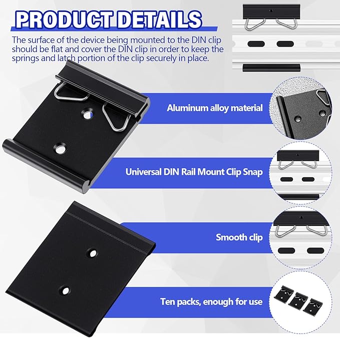Hicarer Hicarer 10 Pcs Din Rail Mount Clip 1.7 Inches Width Snap in Universal Mounting Brackets Fixed Clamp, Black Aluminum Alloy Relay Clip for 35mm Din Rail Switches and Injectors