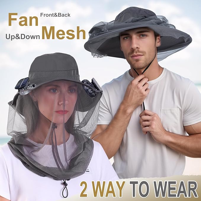 ayamaya Mosquito Net Hat with Fan Built-in, Wide Brim Solar Fan Hat with Netting, 3 Speeds Adjustable for Men Women Outdoor