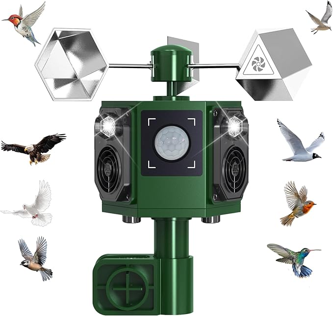 2026 Upgraded Solar Ultrasonic Bird Repellent Devices Outdoor Woodpecker Deterrent for House with Motion Activated & Reflective Spinning Deterrent IP65 Waterproof Pigeon Repellent for Garden Farm