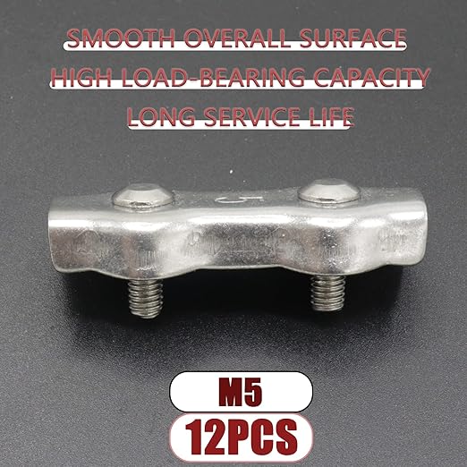 12pcs M5 Stainless Steel Duplex Wire Rope Clip Cable Clamp, Double Bolt Wire Cable Clamps, 2-Post Wire Rope Clip for 3/16 Inch Diameter Wire Cable