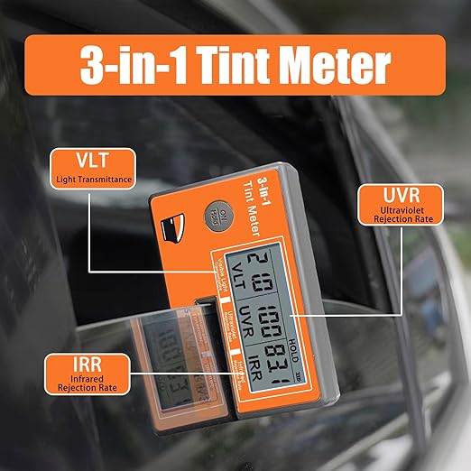Window Tint Meter, 3-in-1 Solar Film Meter with VL/UV/IR Transmittance Tester, Portable Digital Side Window Tint Reader for Filmed Glass, Solar Film, Car Window - CR01