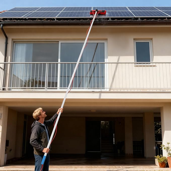 Solar Panel Cleaning Kit, Window Cleaning System 22.97 FT, 65.62ft Water Pipe & Rotating BrushHead, Washing Equipment Window Cleaner Tool Water Fed Pole Kit for Roof Caravan Solar Panel