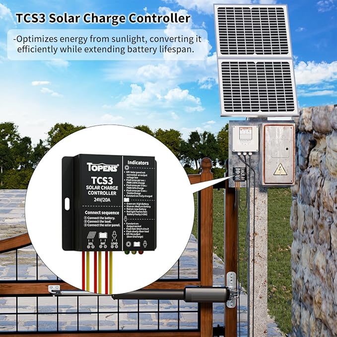 TOPENS TCS3 Solar Charge Controller Waterproof Solar Panel Battery Regulator for Solar Automatic Gate Opener, Boat, Yacht, RV, Caravan, Golf Car, Street Lamp, Garden Light and Farm Equipment