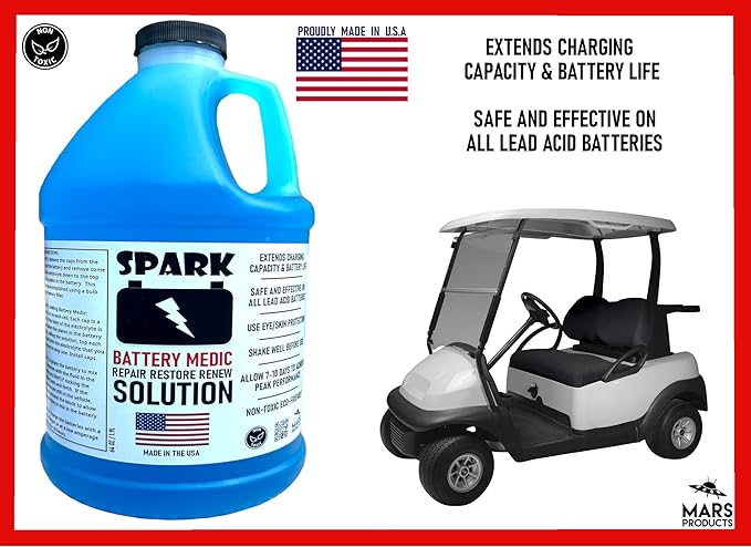 SPARK Golf Cart Battery Restore Liquid Solution - Restore - Repair - 6, 8, 12 Volt Lead Acid Batteries - Made in USA - Expands Charge Capacity - Extends Battery Life - Non-Toxic - Larger 64oz Bottle