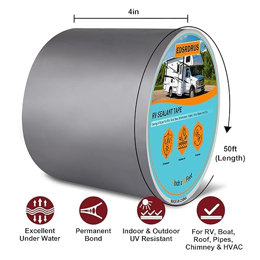 EDSRDRUS RV Roof Tape, Heavy-Duty Adhesive Butyl Seal Tape Waterproof UV-Resistant for RV Repair, RV Sealant Tape for Boat, Camper Roof Leaks (Grey, 4inch*50ft)