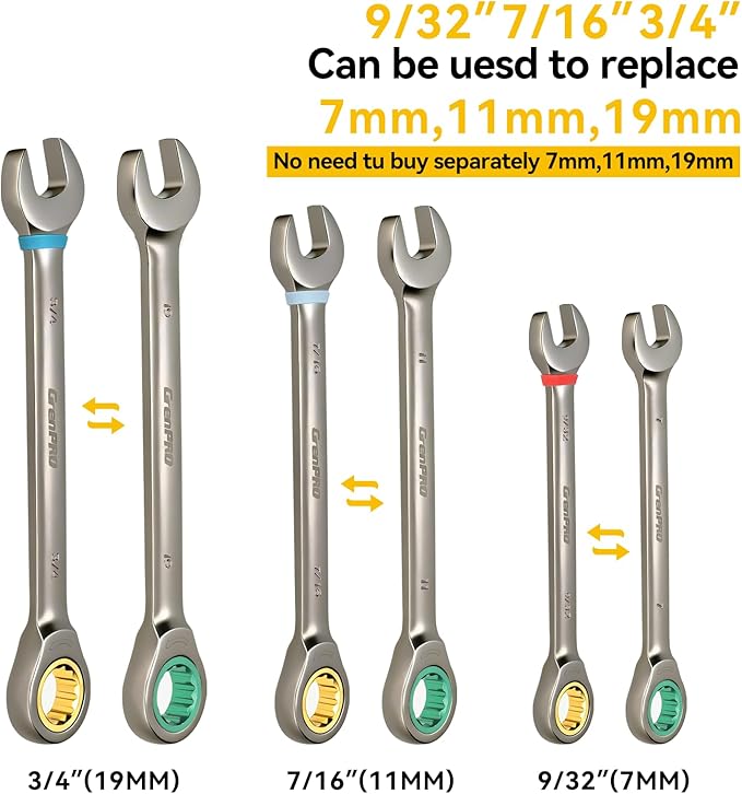 Ratcheting Wrench Set, Combination Wrench Set Metric And Standard & SAE With Color Ring, 1/4" to 3/4" & 6-18mm, 23PC Open End Ratchet Wrenches With Roll Up Pouch, CRV Socket Mechanic Tool Sets
