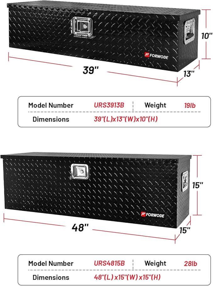 FORWODE 39&48 Inch Aluminum Truck Tool Box Lockable Truck Bed Tool Box Waterproof Truck Bed Storage Box with Gas Struts Side Handle Truck Tool Chest for Pickup, Truck Bed, RV, Trailer & Garage (Black)