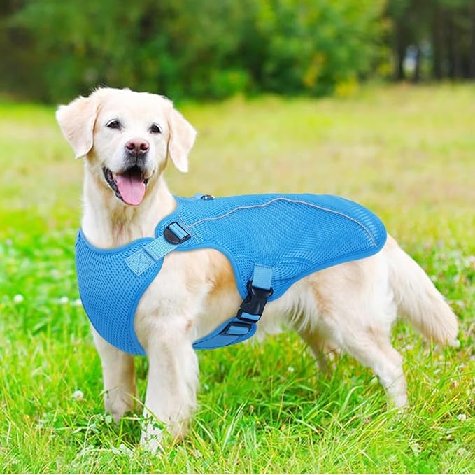Kuoser Dog Cooling Vest for Large Dogs, Lightweight Doggie Cooler Jacket Breathable Mesh Pet Cooling Shirts Reflective Puppy Cool Harness for Beach, Hiking, Walking Blue XL