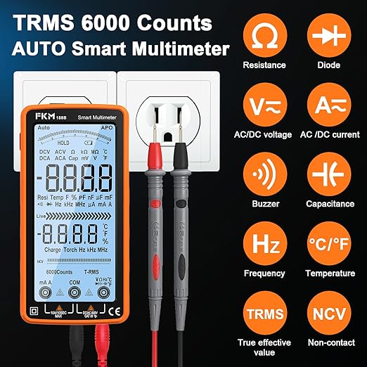 FKM Digital Multimeter Tester Auto-Ranging TRMS 6000 Counts Smart Rechargeable Voltmeter Electrical Tester Measures AC/DC Current,Voltage,Capacitance,Resistance,NCV,Amp,Ohm,Diodes,Countinuity,Temp