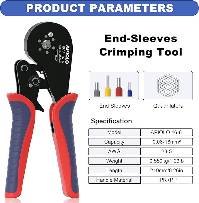 HS-16-6 Ferrule Crimping Tool, 6-Sided Serrated Crimp Ratchet Pliers AWG28-5 0.08-16mm², Labor-Saving Electrical Crimper for Automotive Industrial Household Use