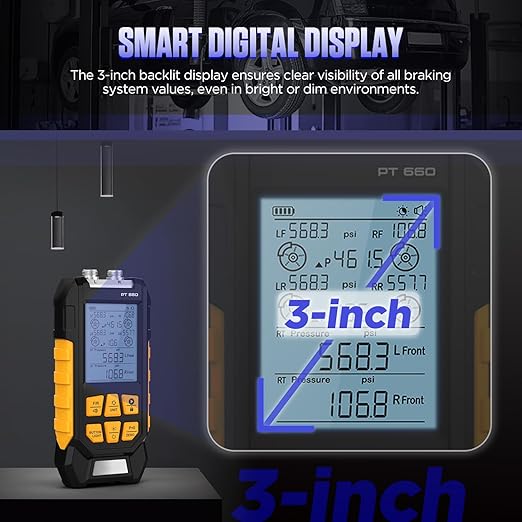 Brake System Pressure Tester with 11 Adapters, 3 Units Switch, Magnetic Back, Smart Alarm Notification, Dual-Port Digital Brake Pressure Tester, 10-21000Kpa, PT660