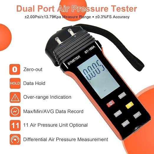 BTMETER Manometer HVAC Gas Pressure Tester 189A, Dual-Port Air Pressure Meter Gauge with Hose Kit Measure Static Pressure Differential Gas Pressure for Furnace Water Column