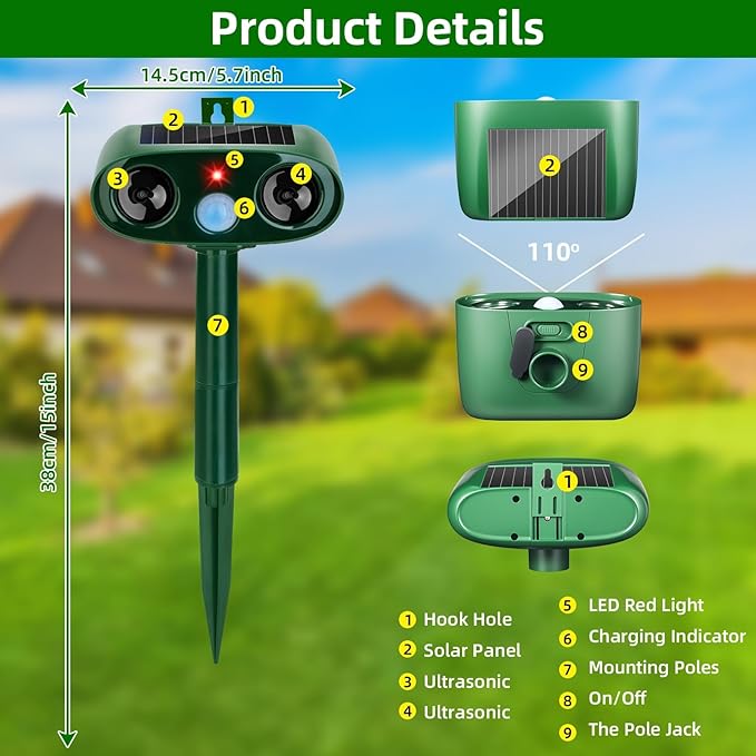 2026 Upgraded Solar Ultrasonic Animal Repeller Outdoor, 4 Pack Waterproof Bear Repellent Devices & Cat Deterrent for Yard, Ultrasonic Animal Repellent for Rabbit, Goose, Raccoon, Squirrel, Dog