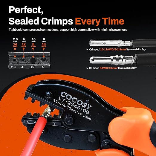 Solar Crimper Tool Kit for AWG8-12 Cable -23 PCS Solar Panel Connectors Kit with Ratcheting Crimping Tool Pliers, 12 Pairs of AWG8-14 Solar Connectors, 2 Wrenches, Bag