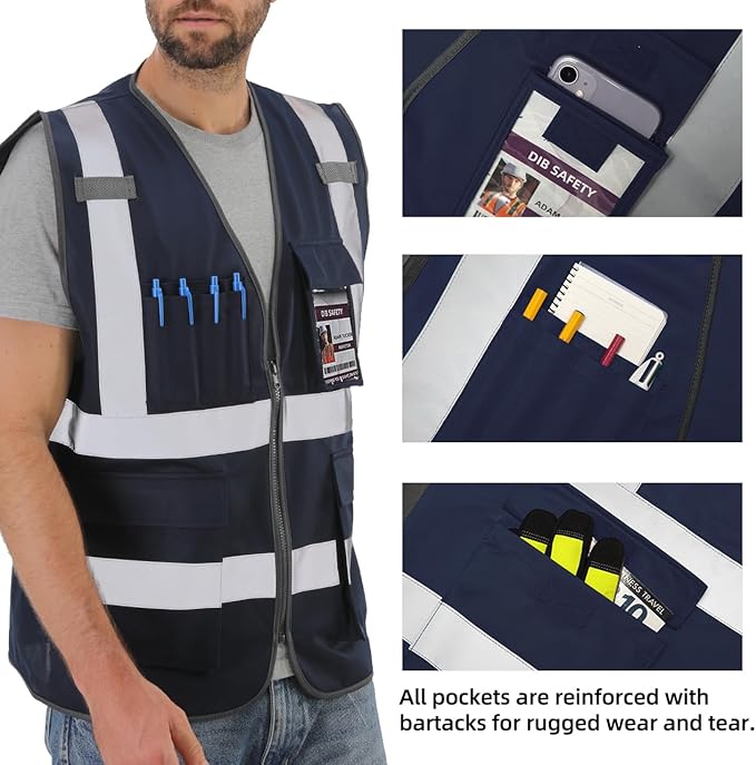 Dib Safety Reflective Vest ANSI Class 2, High Visibility Vest with Pockets and Zipper, Construction Work, Hi Vis