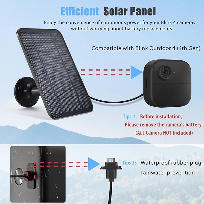 Solar Panel Compatible with Blink Camera Outdoor 4 (4th Gen), 4W Waterproof Solar Panel Charger with Battery for Blink Camera 4th Gen with 13.12ft Charging Cable and 360°Adjustable Mount