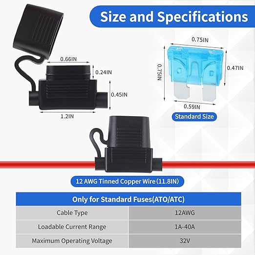 6 Pack Inline Fuse Holder 12V, Upgraded 12 AWG Waterproof Fuse Holder with 66 Pcs Standard Car Fuses (2A/3A/5A/7.5A/10A/15A/20A/25A/30A/35A/40A), YNZDRWA in Line Fuses Holders 12v for Marine Auto