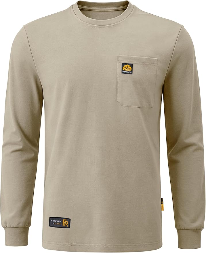 WORKWEYA Men's FR Shirts 6.5oz Lightweight Long Sleeve Flame Resistant T-Shirt NFPA 2112/CAT2