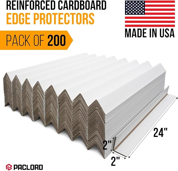 24" x 2" x 2" Reinforced Cardboard Edge Protectors, White (Pack of 200) – 0.16" Thick Heavy-Duty Cardboard Corner Protectors for Shipping – American Quality V-Board Pallet Edge Guard