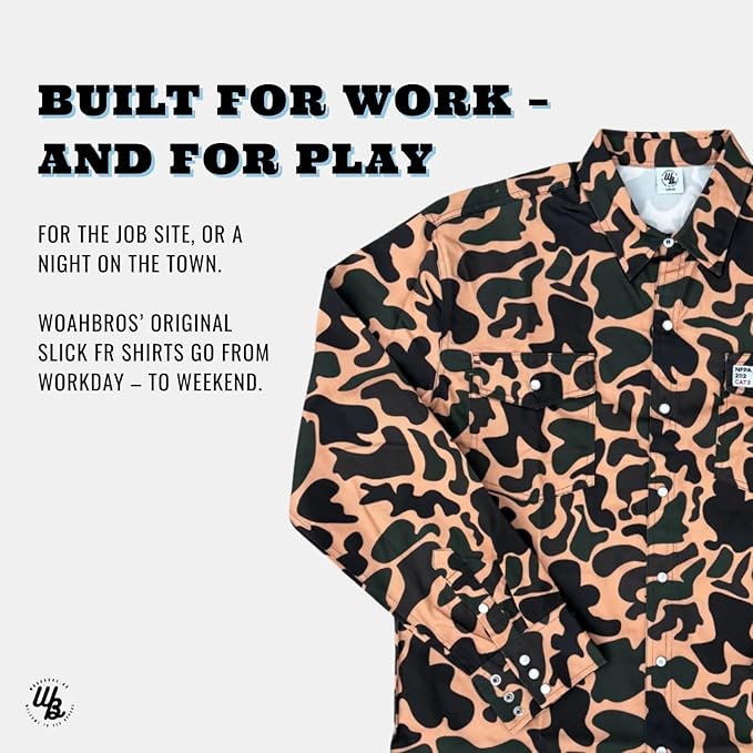 WoahBros FR Shirts for Men, 8oz Midweight Flame Resistant Welding Shirt, 100% Cotton, Pearl Snap Buttons - CAT2/NFPA2112