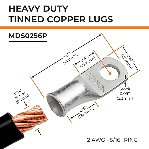 SELTERM 2pcs 2 AWG 5/16" Stud Tinned Copper Wire Lugs, Battery Lugs, Ring Terminals, Battery Cable Ends, 2 Gauge Ring Terminal Connectors, UL Marine Grade Electrical Battery Terminal Connectors