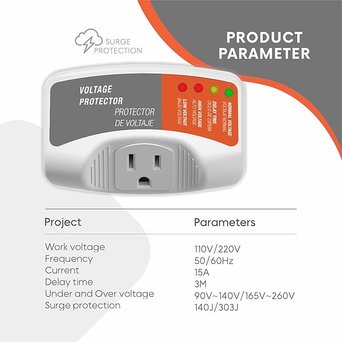Refrigerators Surge Voltage Protector Multi Function Plug Single Outlet, Over Voltage/Under Voltage 140J Surge Protection for Air Conditioners & Home Appliances 120V 15A 1800W