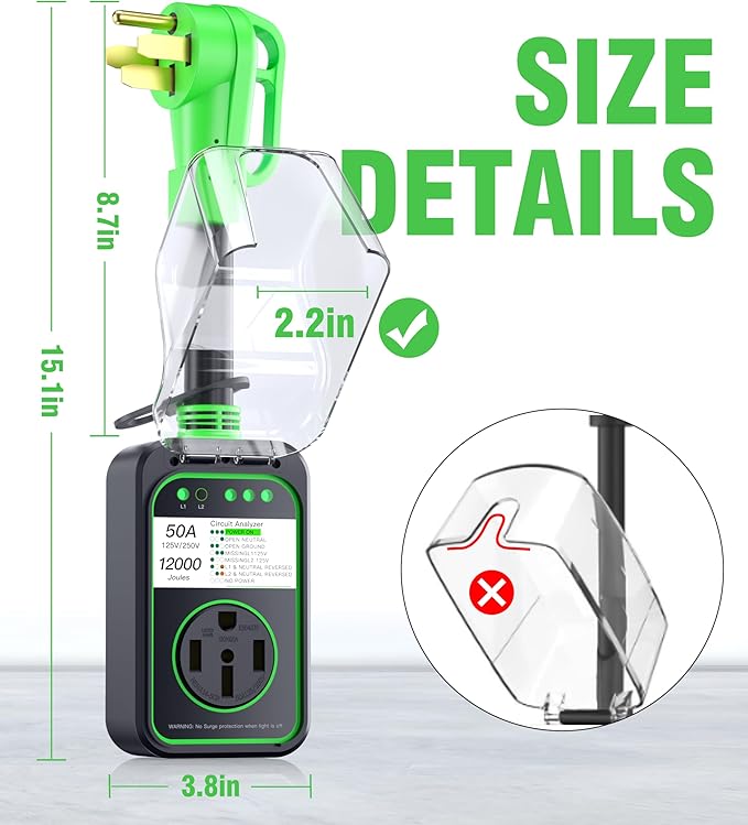 RV Surge Protector 50 Amp Waterproof, Upgraded 12000 Joules RV Power Protector （Safety-Certified）, RV Adapter Plug with Anti-Theft Cable Lock for Camper, Circuit Analyzer for Travel Trailers (Green)