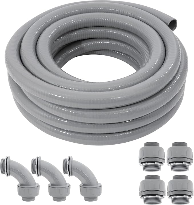 DWALE Liquid-Tight Conduit and Connector Kit,Flexible Non Metallic Liquid Tight Electrical Conduit,1-1/2inch 25ft Electrical Conduit Kit,with 4 Straight and 3 Angle Fittings Included,1-1/2 in. Dia