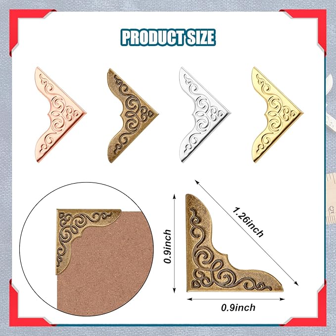 Zhengmy 80 Pieces Book Corner Protector Metal Vintage Photo Album Corner Protectors Decoration for Crafting Scrapbooking Photo Angle Book Cover Menus Notebook