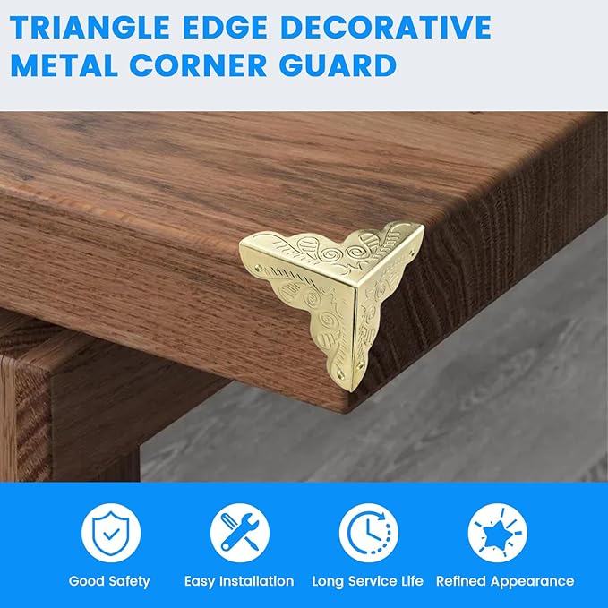 SDTC Tech 12 Pack Furniture Corner Protector 1" x 1" Antique Gold Triangle Edge Decorative Metal Corner Guard for Storage Box Jewelry Case Cabinet Coffee Table Wooden Chest etc.