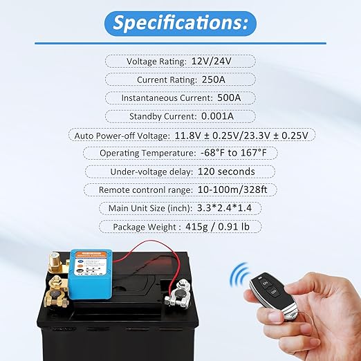 Kill Switch for Car, 12V/24V 250A Remote Battery Disconnect Switch Automatic Battery Shut Off Switch Voltage Protection Remote Control Anti Theft for RV ATV Truck Boat
