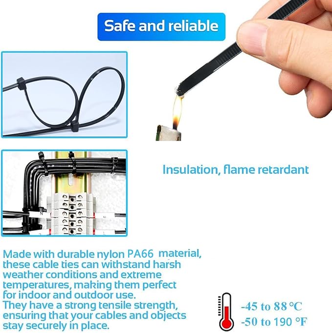 Zip Ties 12 inches Black (100 pack),PA66 UV Resistant Long Cable Ties for indoor and outdoor use, 60lb Tensile Strength