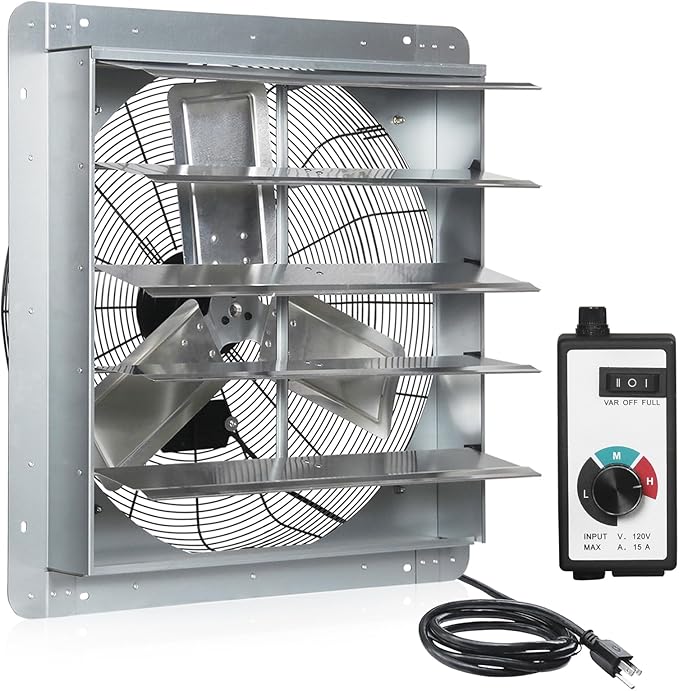 KEN BROWN 24 Inch Shutter Exhaust Fan with Speed Controller, 4200CFM High Speed, Wall Mounted Vent Fan for Garage, Attic, Greenhouse, Shed, Shop, Includes 1.65M Power Cord